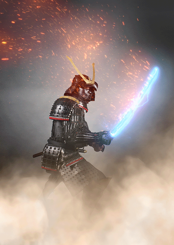 Animated Electric Energy Photoshop Action - Samurai with fire/electric sword in fog